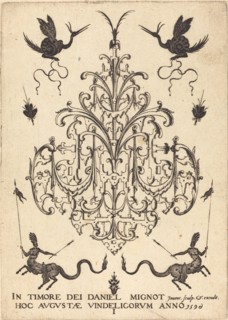 Title-Page: Brooch, Snail-like Animals Above, Centaurs with Banners at Bottom, 1596. Creator: Daniel Mignot.