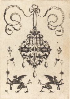 Large Pendant, Lower Left and Right Two Griffins Carrying Fantasy Candlesticks, 1596. Creator: Daniel Mignot.