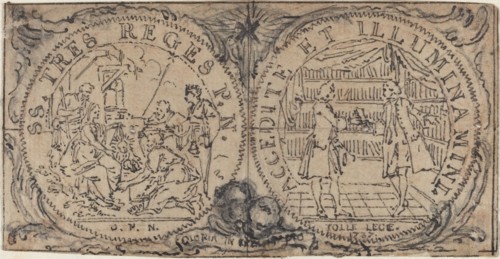 Ornamental Medallions with the Adoration of the Magi and Two Bibliophiles. Creator: Hubert Francois Gravelot.