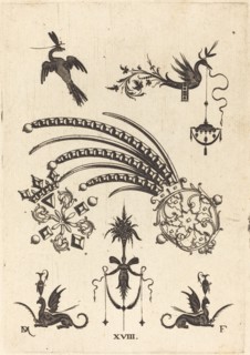 Two Brooches with Bird and Winged Snake at Top and Griffins with Vases at Bottom, 1596. Creator: Daniel Mignot.