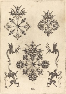Three Brooches with Winged Snakes at Left and Right and Winged Griffins at Bottom, 1596. Creator: Daniel Mignot.