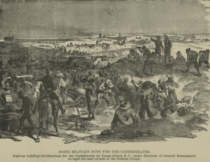 Slaves building Confederate Army fortifications at James Island, Charleston...1863 (Inferred). Creator: Unknown.