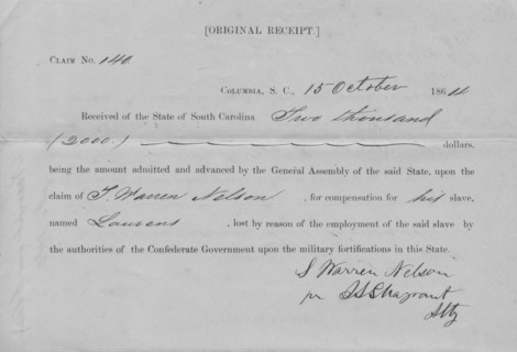Original receipt for $2,000 compensation obtained by L. Warren Nelson; Columbia..., 1864-10-15. Creator: Unknown.