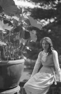 Unidentified woman seated in a garden next to a large potted plant, between 1917 and 1934. Creator: Arnold Genthe.