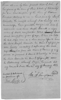 Letter stating that $500 was paid for the purchase of Joseph Boswell, signed by Langhorne, 1813. Creator: Unknown.