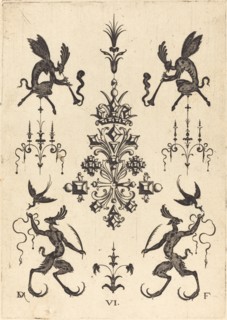 Brooch with Winged Fauns Blowing Trumpets at Top and Fantasy Creatures with Birds..., 1596. Creator: Daniel Mignot.
