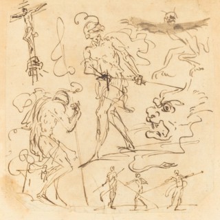 Sheet of Studies with a Soldier Drawing a Sword, a Crucifix, Monstrous Animals..., other Figures. Creator: Unknown.