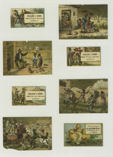 Trade cards depicting a hatching chick, a knight, balloons, swimming, fishing from..., c1876-c1890. Creator: Unknown.