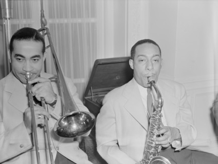 Portrait of Johnny Hodges and Lawrence Brown, Turkish Embassy, Washington, D.C., 1930. Creator: William Paul Gottlieb.