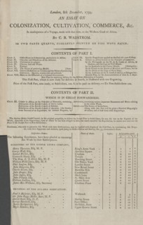 Prospectus for: An essay on colonization, cultivation, commerce, in consequence of a voyage..., 1794 Creator: Unknown.