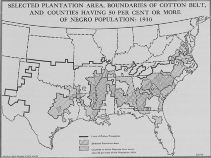 Selected plantation area, boundaries of cotton belt, and counties having 50 per cent.... 1910, 1920. Creator: Unknown.