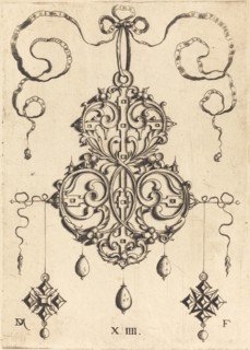 Strapwork Pendant with Three Drops and Two Cross-Shaped Pendants as Earrings at Left and Right. Creator: Daniel Mignot.