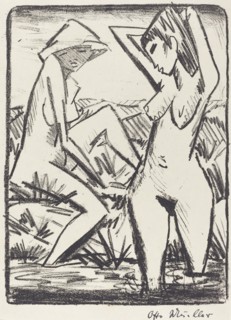 Standing Girl in Water and the Other Sitting on Shore (Im Wasser stehendes und am...), 1921/1922. Creator: Otto Mueller.