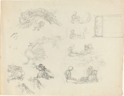 Studies of Crowing Rooster and Reclining Figures [recto and verso], late 18th/early 19th century. Creator: John Flaxman.
