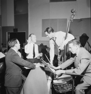 Portrait of Bob Haggart, Morey Feld, and Mack Shopnick, New York, N.Y.(?), ca. July 1947. Creator: William Paul Gottlieb.