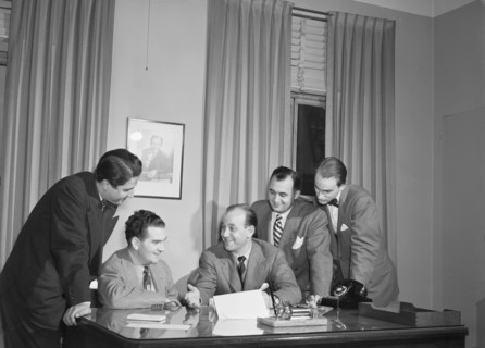 Portrait of Joe Mooney and Milt Gabler(?), Decca office(?), New York, N.Y., ca. Dec. 1946. Creator: William Paul Gottlieb.