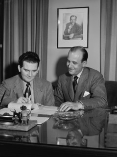 Portrait of Joe Mooney and Milt Gabler(?), Decca office(?), New York, N.Y., ca. Dec. 1946. Creator: William Paul Gottlieb.