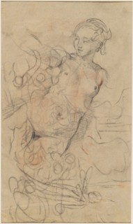 A Reclining Nude with Her Right Arm Raised over a Swift Composition Study [verso], c. 1763. Creator: Jean-Baptiste Deshays.