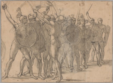 Nude Soldiers Gesticulating with Their Weapons (recto); Two Drapery Studies for the..., 1796/97. Creator: Jacques-Louis David.