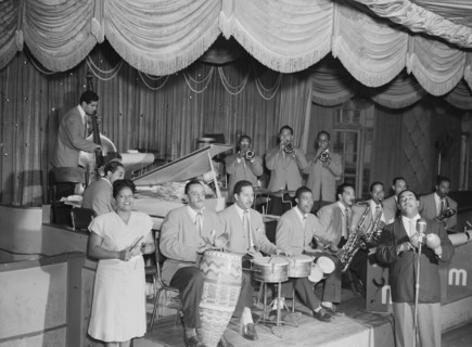 Portrait of Machito, Jose Mangual, Carlos Vidal(?), Mario Bouza...Glen Island Casino, N.Y., 1947. Creator: William Paul Gottlieb.