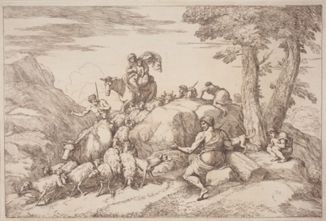 A Pastoral Journey with a Mother and Child on Horesback and an Elderly Shepherd..., 1758/1759. Creator: Gaetano Gherardo Zompini.
