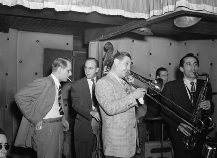 Portrait of Jack Teagarden, Bill Harris, Dave Tough, and Charlie Ventura, Three Deuces, N.Y., 1946. Creator: William Paul Gottlieb.
