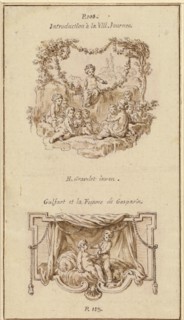 Nine Children Listening to a Girl Tell a Story; A Boy Handing a Purse to a Girl Seated..., c. 1757. Creator: Hubert Francois Gravelot.