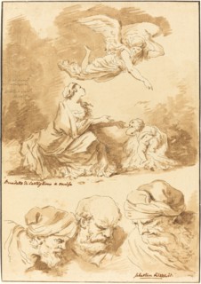 Hagar Consoled by an Angel (from a painting by Castiglione) and Three Heads of Old Men..., 1774. Creator: Jean Claude Richard Saint-Non.