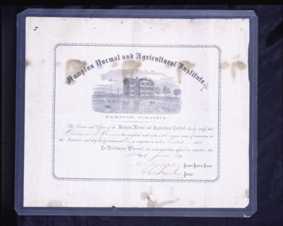 Diploma awarded to William A.Yancey by Hampton Normal and Agricultural Institute, June 12, 1873. Creators: Unknown, Samuel Smith Kilburn.