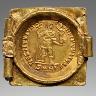 Link from a Coin Belt: Emperor with vexillum and crowning Victory, 379-395. Creator: Numismatic, Ancient Coins  .