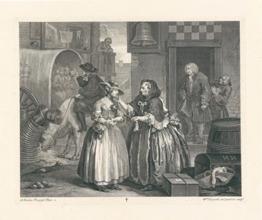 A Harlot's Progress. Plate 1: Moll Hackabout arrives in London at the Bell Inn, Cheapside, 1732. Creator: Hogarth, William (1697-1764).