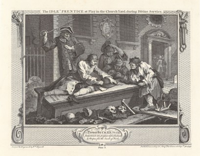 Series "Industry and Idleness", Plate 3: The Idle 'Prentice at Play in the Church Yard..., 1747. Creator: Hogarth, William (1697-1764).