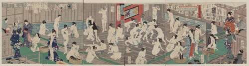 Naked bodies compared to irises in hot water... , 1868. Creator: Kunichika, Toyohara (1835-1900).