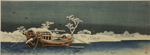 Boat on a river in snowy weather, before 1910. Creator: Takahashi, Hiroaki (1871-1945).