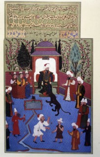 Osman I, a lion brought by a tamer licks his boots, Turkish miniature in the 'Book...(1584 - 1589). Creator: Unknown.