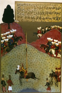 Murat II, in the presence of an ambassador, demonstrates his skill by shooting three arrows...(1584- Creator: Unknown.