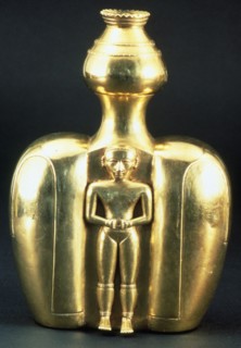 Anthropomorphic gold figure used as a vessel for lime, depicting two female figures,  7th-11th centu Creator: Unknown.