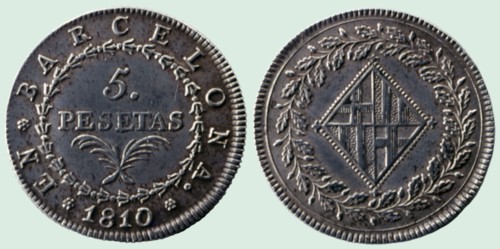Five silver pesetas - Napoleonic occupation, obverse and reverse, 19th century. Creator: Cinco pesetas de plata. Ocupación napoleónica. Ceca : Barcelona. Anverso y reverso.