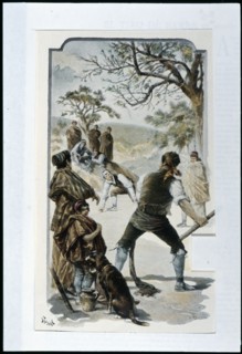 Poster with popular scene, game of 'barbell shooting' practiced in Alto Aragón, 1898. Creator: Tusell, J..