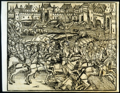 Engraving of the work 'The Fourteen Decades', Zaragoza, 1520, copy of the Mainz edition of 1505.  Creator: Tito Livio.