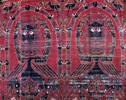 Tapestry of 'Las Brujas', silk fabric decorated with alternating monsters and..., 12th century. Creator: Unknown.