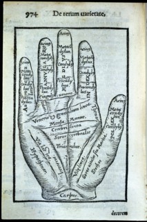 'De rerum varietate libri XVII', page illustrated with a hand, 1557. Creator: Cardano, Girolamo (1501 - 1576).
