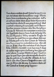 First sheet of the work 'Trobes en lahors de la Verge Maria', the first literary work... Spain, 1474 Creator: Unknown.