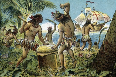 Discovery of America, third trip, hostile reception of the Indians of the province of...15th cent. Creator: Mestre, Albert.