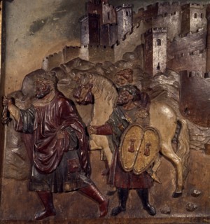 Boabdil leaving the Alhambra, bas-relief of the main altarpiece of the Royal Chapel..., 16th cent. Creator: Bigarny, Felipe (1475-1542).
