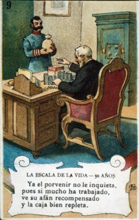 Picture card 'The scale of life'. Number 9, 1902, for the company 'Chocolates Amatller'. Creator: Mestres, Apeles. (1854-1936).