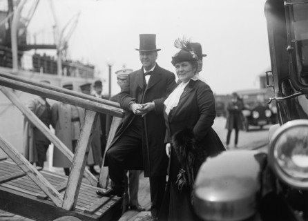 Mrs. Josephus Daniels,with Sec. Daniels Boarding Mayflower. Allied Commission, 1917. Creator: Harris & Ewing.