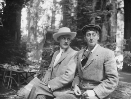 Sterling, George, Mr., and an unidentified man, seated outdoors, between 1906 and 1914. Creator: Arnold Genthe.