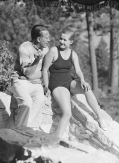 Lee, Margaret, Miss, and unidentified man, seated outdoors, 1927 Creator: Arnold Genthe.