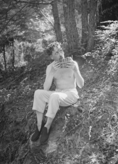 Man playing panpipes in the woods, between 1911 and 1942. Creator: Arnold Genthe.